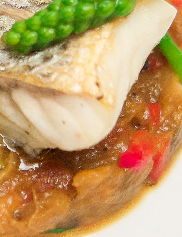 Roast sea bass and eggplant caviar